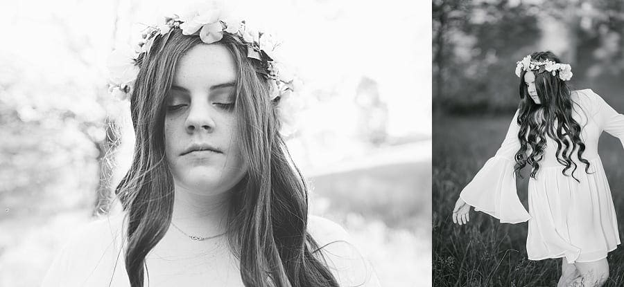 black and white photo of teen in flower crown