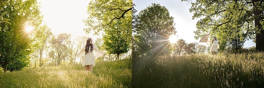 Light shining through field with teen in boho dress