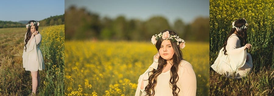 a gorgeous filed of yellow flowers with teen in flower crown