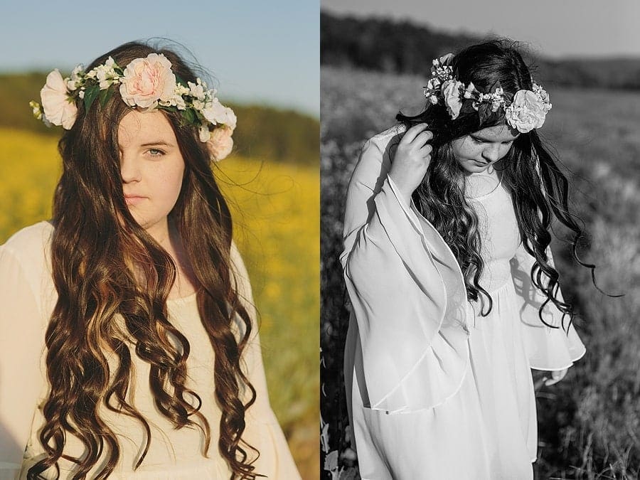 long flowing hair surrounded by flower crown with large soft waves