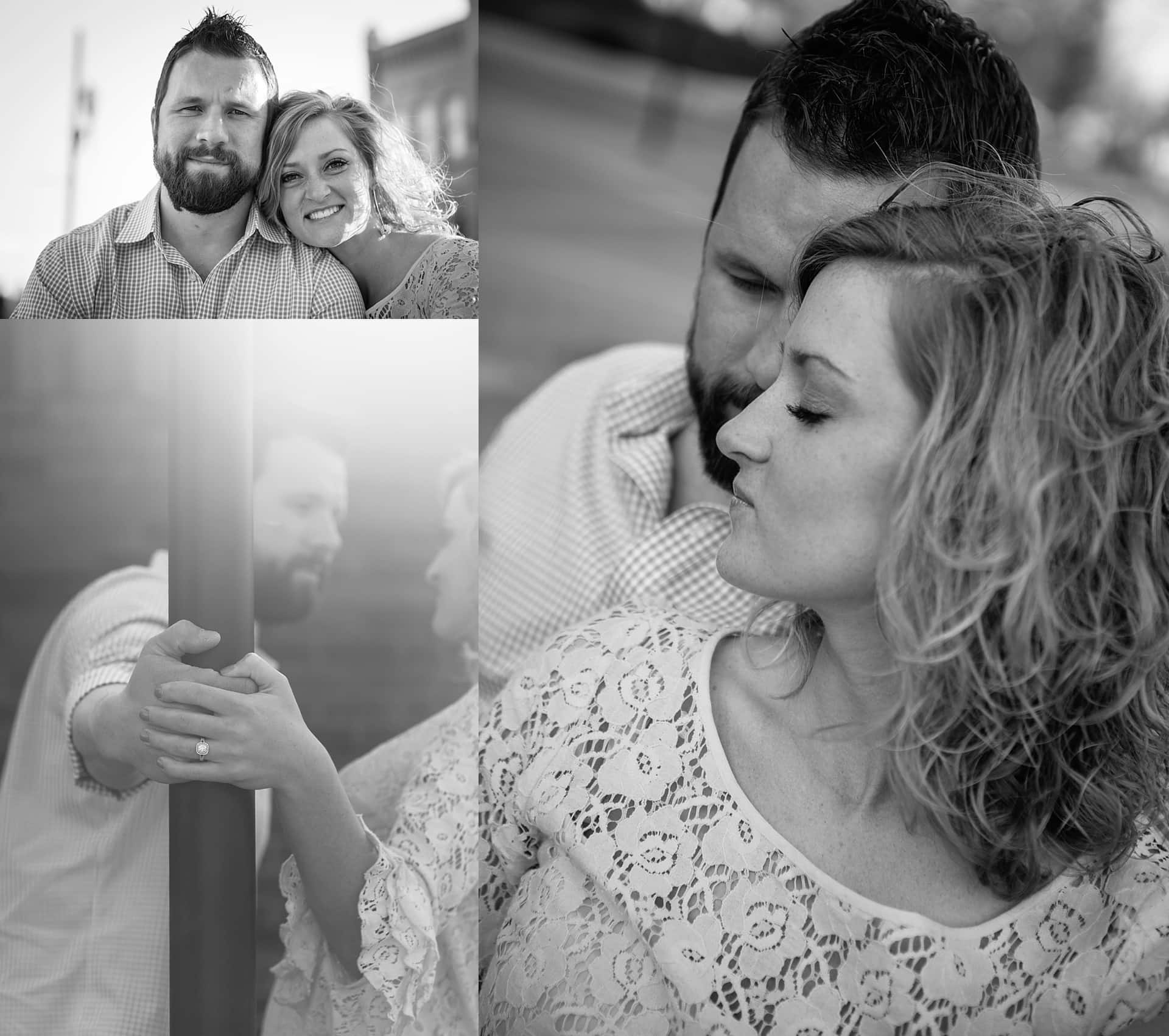 Black and white head shots of engaged couple in downtown Asheville NC