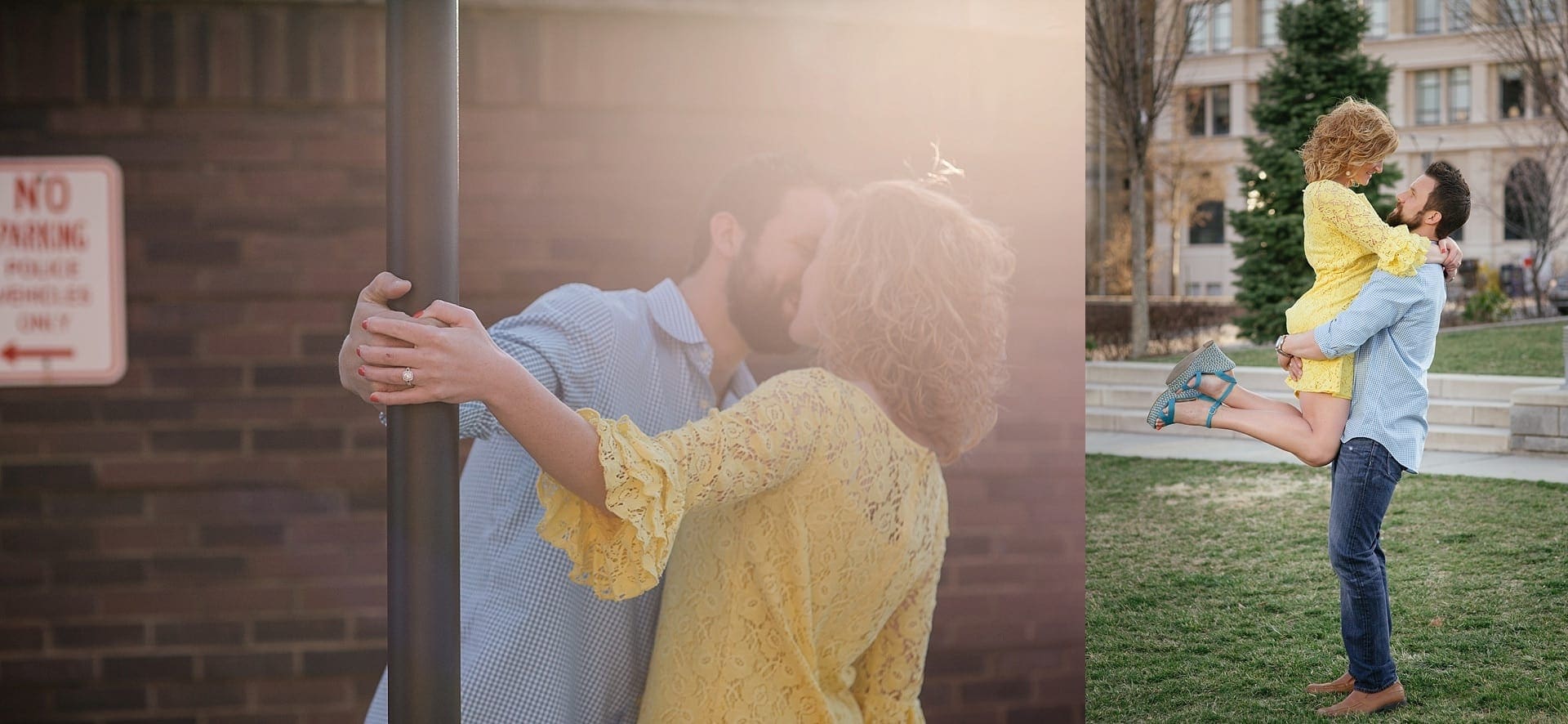 Couple embraces during engagment photo session in downtown Asheville, NC