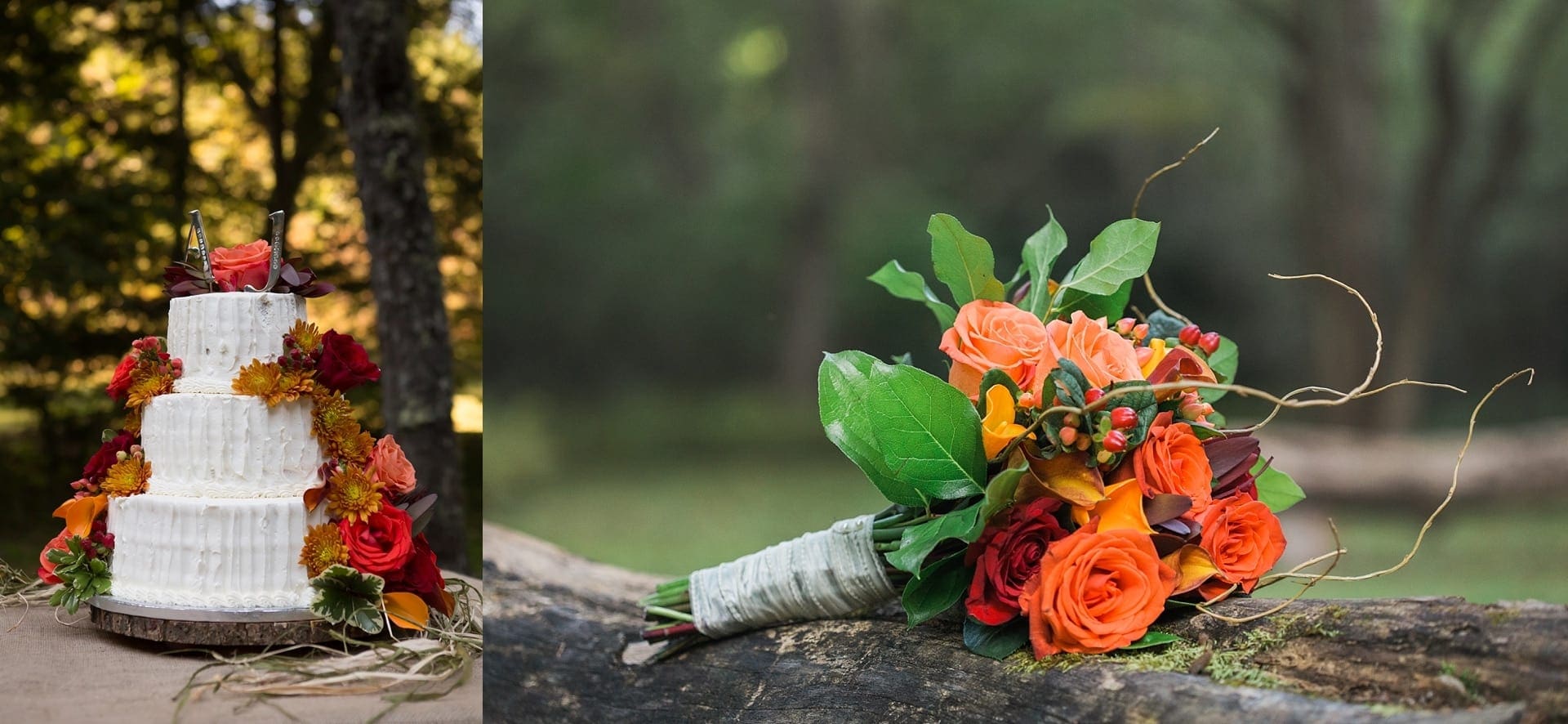 Fall flowers decorate a wedding cake along side a bouquet of autumn flowers and berries on a log with moss
