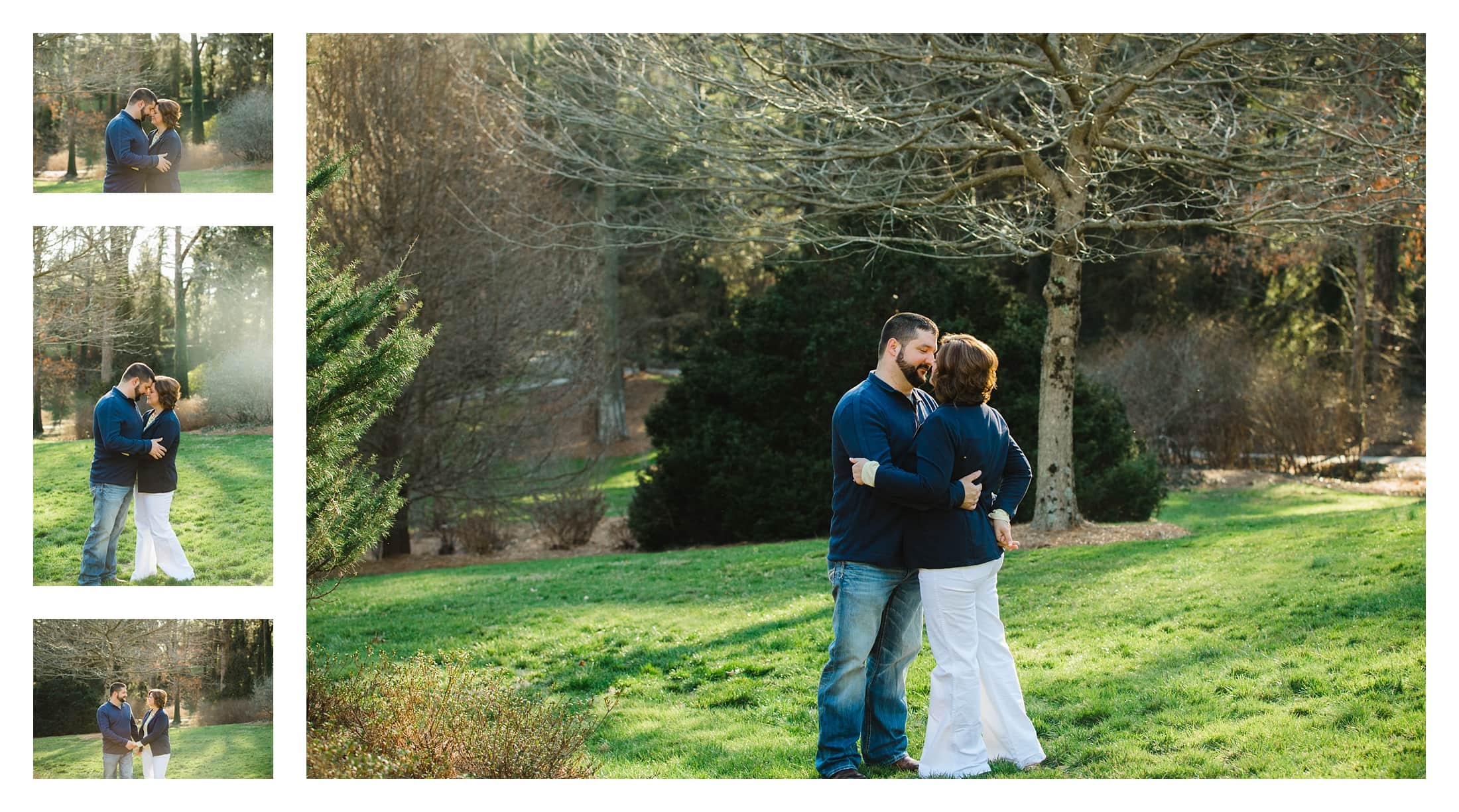 Couple standing in garden area surrounded by greenery.