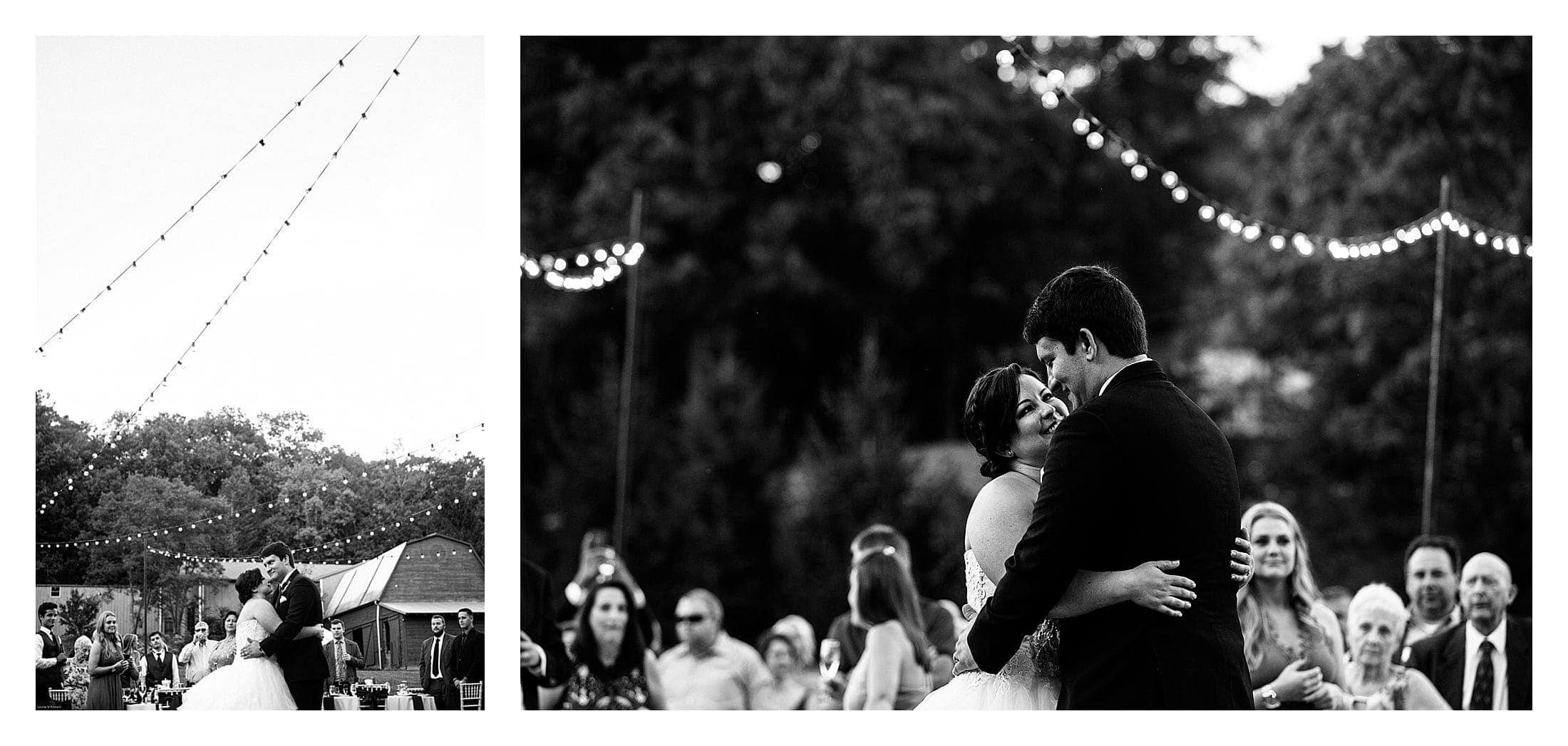 Bride and Groom's first dance under cafe lights at outdoor wedding reception in Asheville, NC