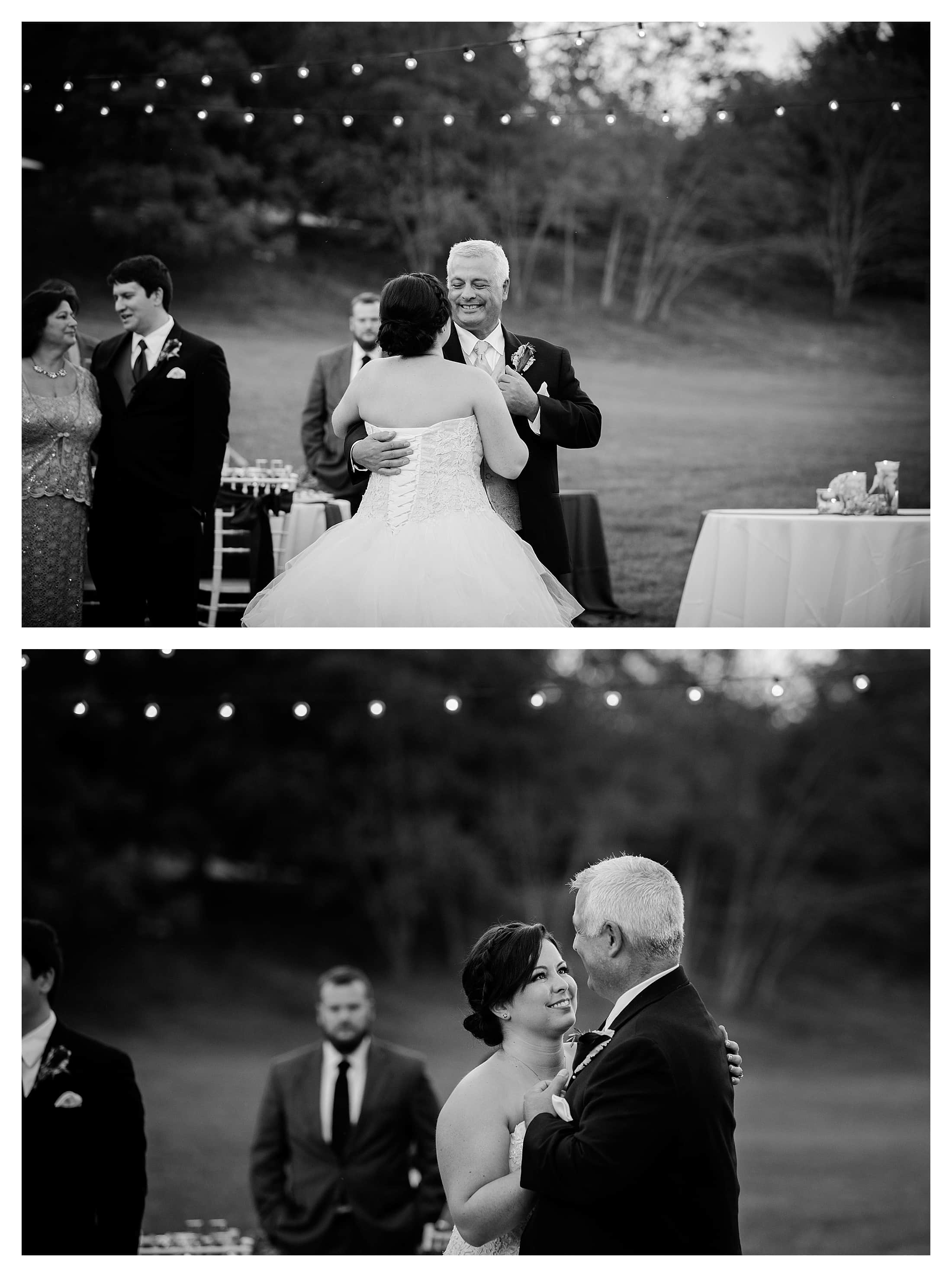 Black and white picture of bride and father's first dance.